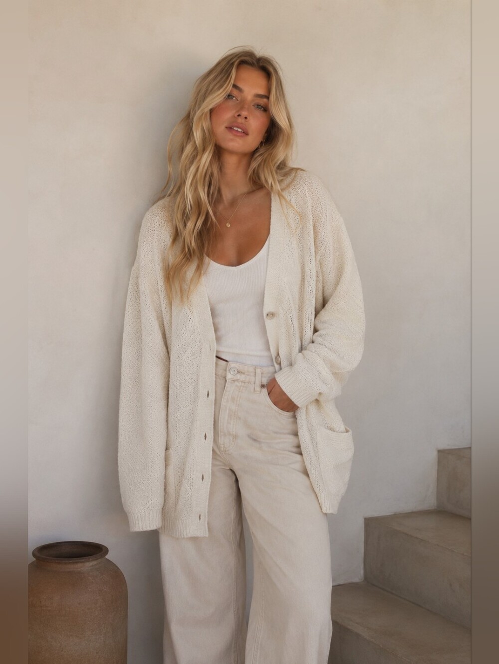 Vintage 90s Streetwear Geometric Chunky Ramie Cotton Cardigan Sweater - Medium